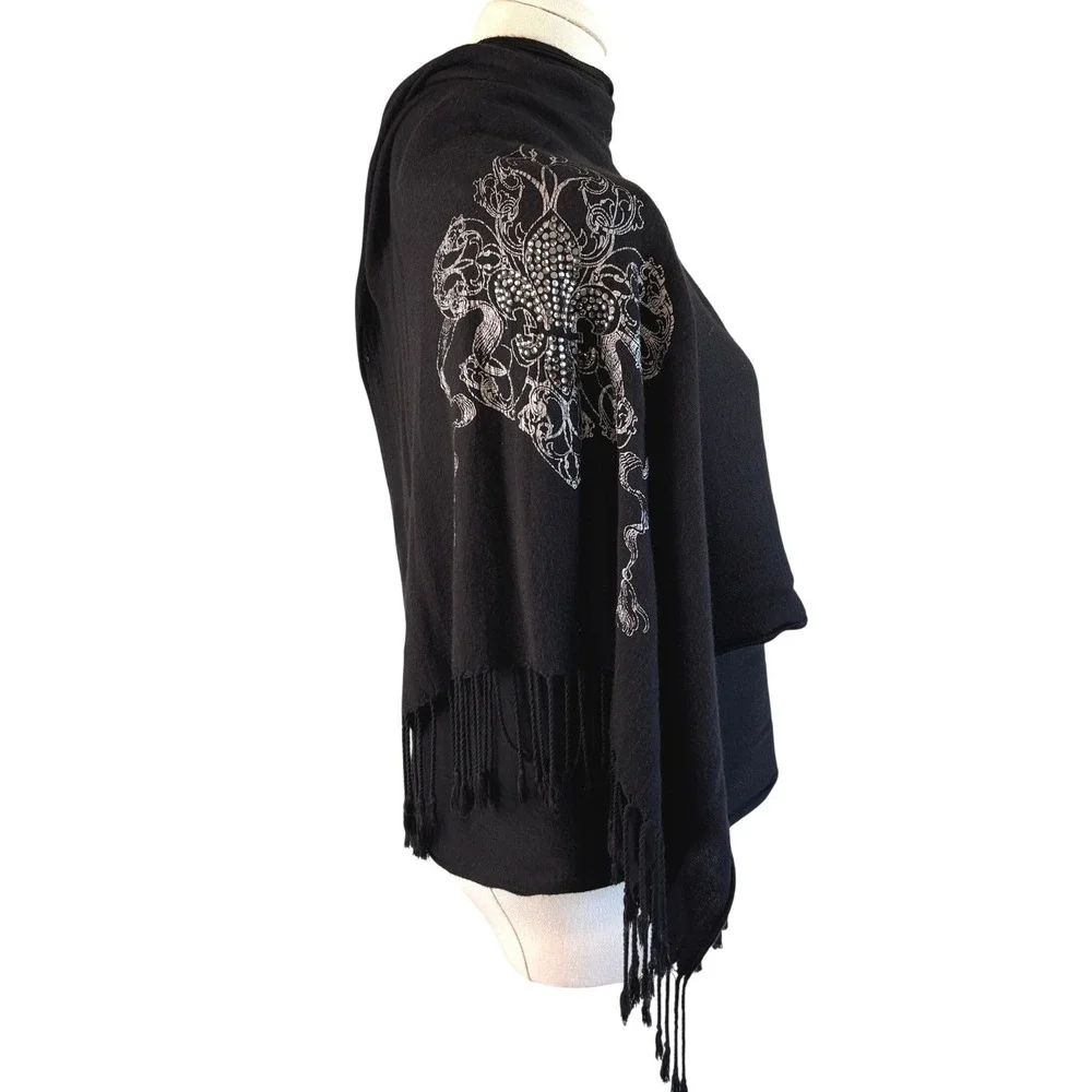 Black Fleur De Lis Rhinestone Wrap Shawl Scarf 72
